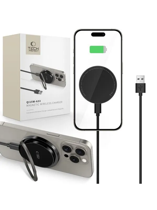 Tech-Protect QI15W-A33 Inductive Charger with MagSafe and Stand with USB-A / USB-C Cable - Black