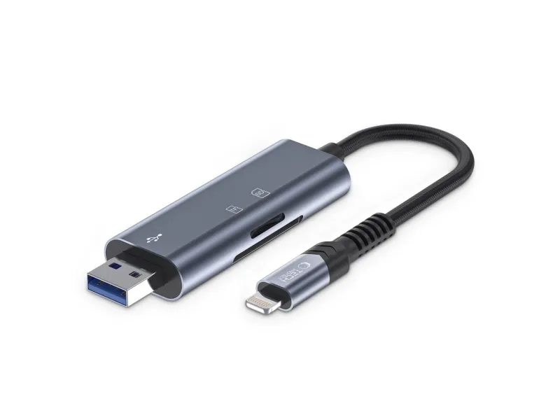 Tech-Protect UltraBoost SD / micro SD card reader with Lightning / USB-A connector - grey USB-hub - USB 2.0 - 3 porter - Grå
