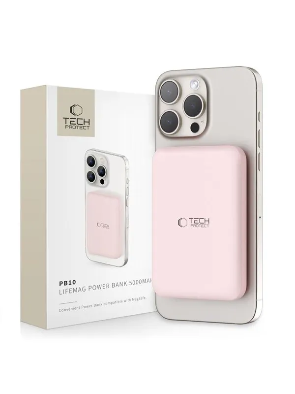 Tech-Protect LifeMag PB10 Power Bank with MagSafe 5000mAh 15W USB-C Port - Pink + USB-C Cable Nødlader - Rosa - 5000 mAh