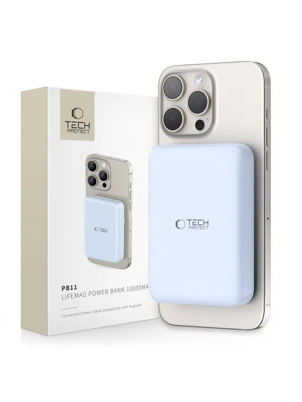 Tech-Protect LifeMag PB11 Powerbank with MagSafe 10000mAh 15W USB-C Port - Blue + USB-C Cable Nødlader - Blue - 10000 mAh