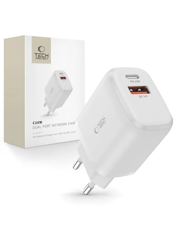 Tech-Protect  C20W USB-C PD 20W / USB-A QC 3.0 Network Charger - White