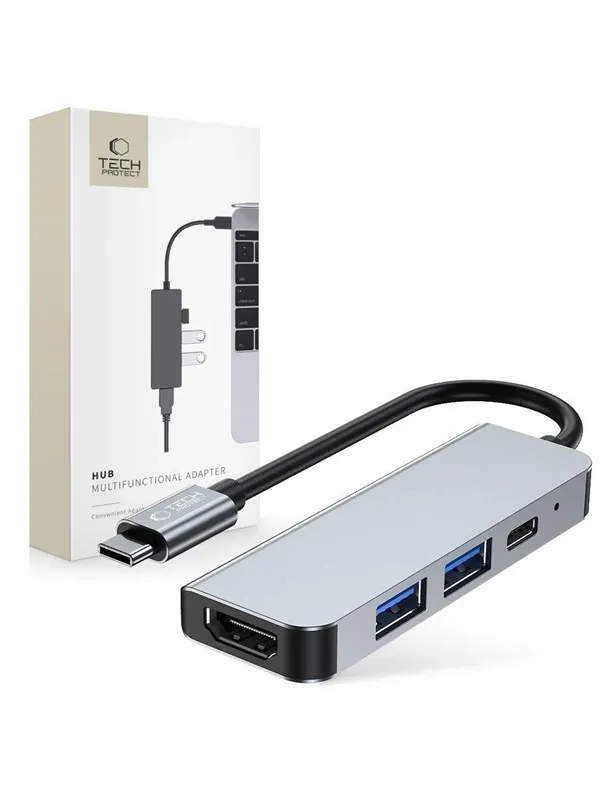 Tech-Protect HUB V2 4in1 USB-C - USB-A 3.0 / USB-A 2.0 / USB-C / HDMI - Grey USB-hub - USB 2.0 - 4 porter - Grå