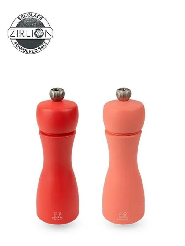 Peugeot Tahiti duo Set of Manual Salt and Pepper Mills in Wood Brick Red & Flame Red 15cm
