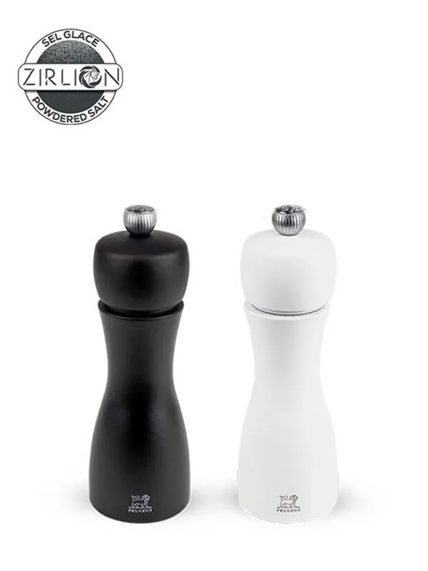 Peugeot Tahiti Set of Manual Salt and Pepper Mills in Wood Black and White 15cm