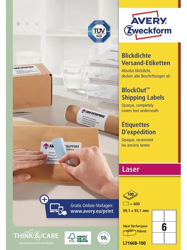 Avery Etiketter med BlockOut™ , 100 % dekkende, 93,1 x 99,1 mm, Hvit