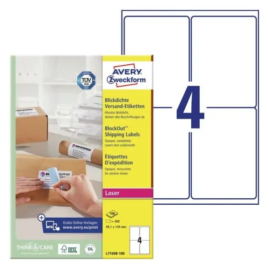 Avery Etiketter med BlockOut™ , 100 % dekkende, 99,1 x 139 mm, Hvit