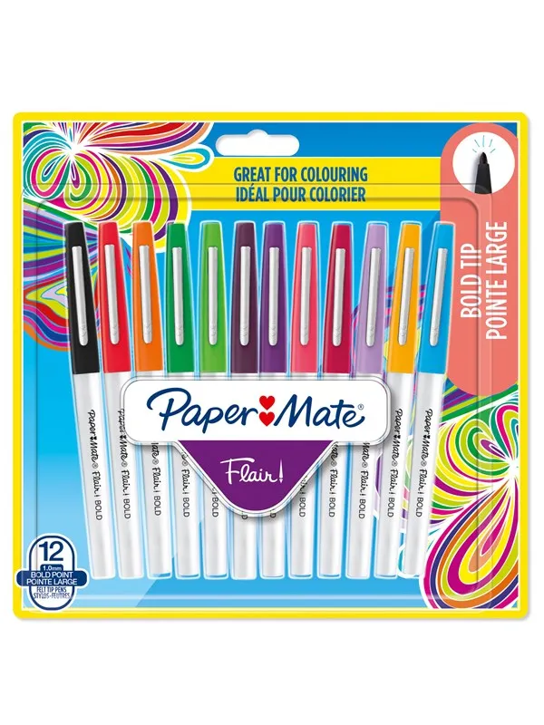 Paper Mate Flair Felt Tip Pens | Bold Tip (1.2 mm) | Assorted Colours | 12 Count