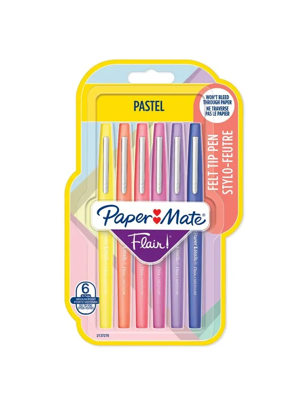 Paper Mate Flair Felt Tip Pens | Medium Point (0.7mm) | Assorted Pastel Colours | 6 Count