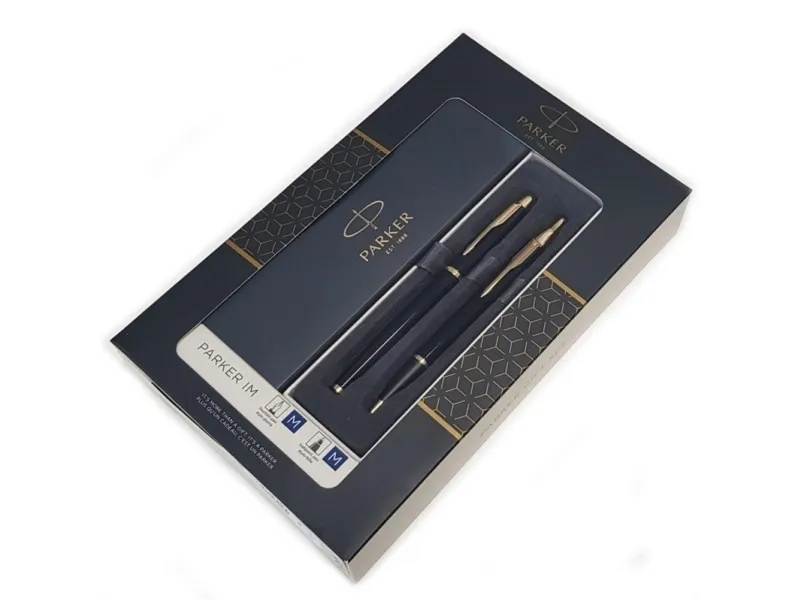 Parker IM Duo Gift Set with Ballpoint Pen & Fountain Pen | Gloss Black with Gold Trim | Blue Ink Refill & Cartridge | Gift Packaging