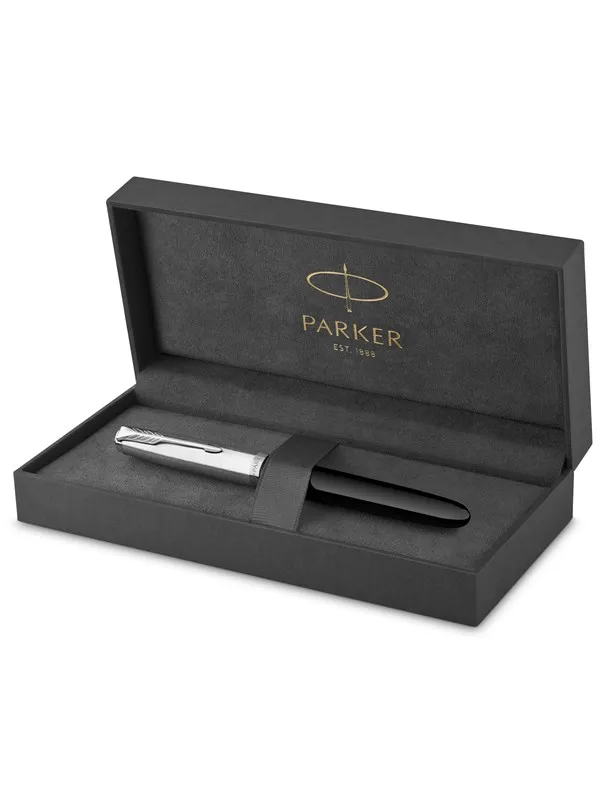 Parker 51 Fountain Pen | Black Barrel with Chrome Trim | Fine Nib with Black Ink Cartridge | Gift Box