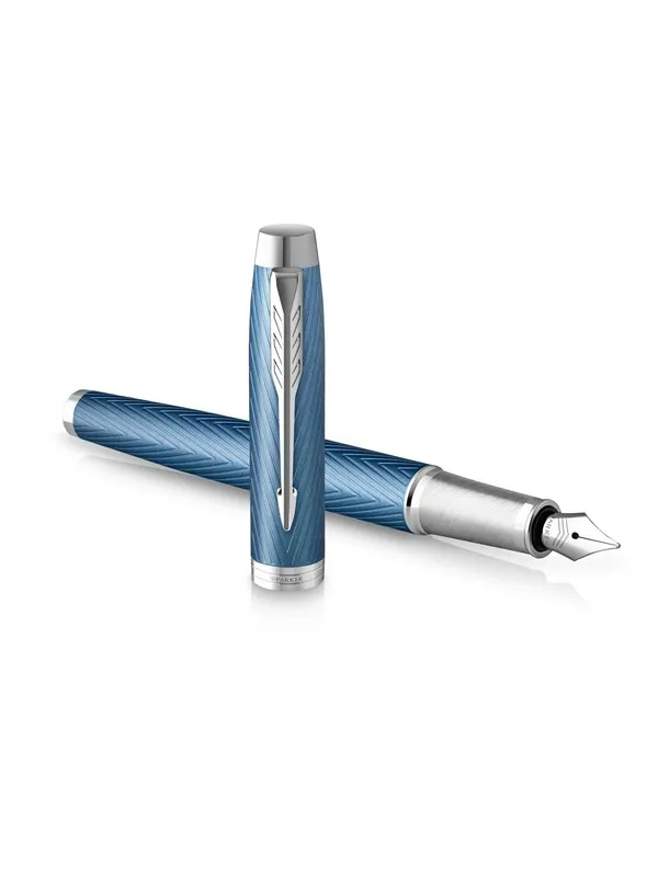 Parker IM Fountain Pen | Premium Blue Grey with Chrome Trim | Fine Point with Blue Ink Cartridge | Gift Box