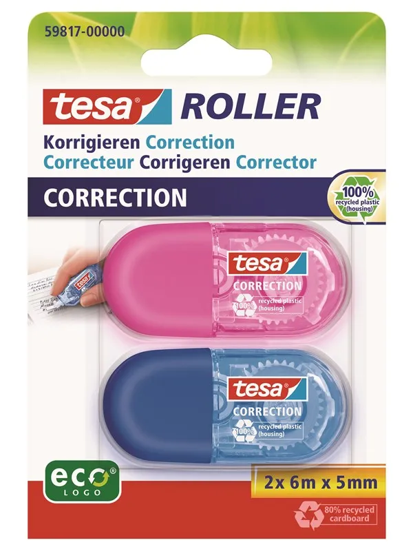 tesa Correction Tape Mini Roller ecoLogo 2x 6m x 5mm Blue + Pink