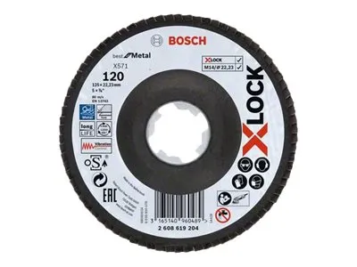 Bosch X-LOCK-lamellslipeskiver, vinklet modell, fiberplate, Ø125 mm, G 120, X571, Best for Metal, 1 stk. D= 125 mm, G= 120, vinklet