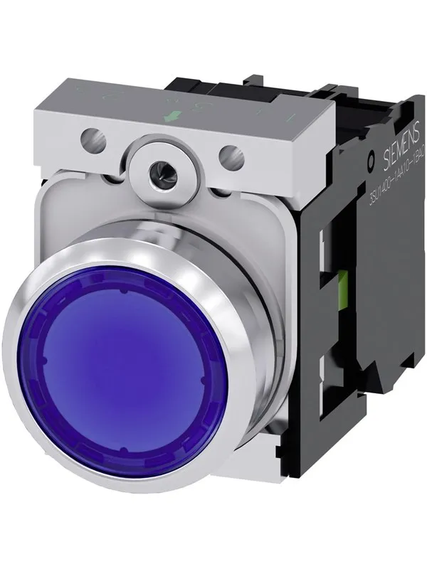 Siemens Illuminated pushbutton 22mm round metal shiny blue flat button