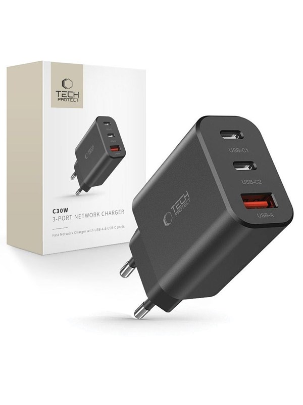 Tech-Protect NC30W AC Charger 2x USB-C PD 30W / USB-A QC 3.0 - Black