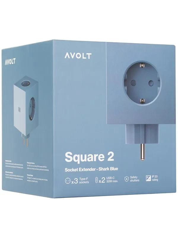AVOLT Square 2 Socket extender with 30W Dual USBC Shark Blue
