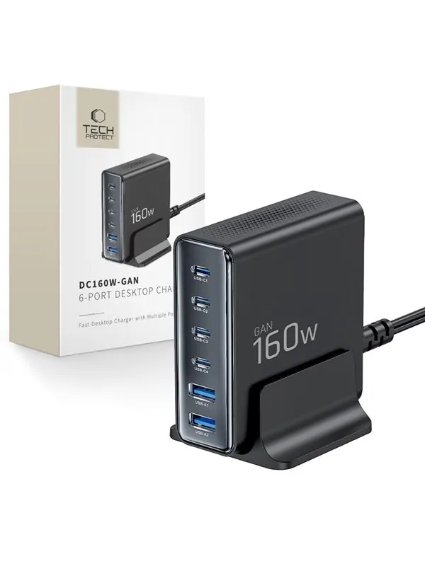 Tech-Protect DC160W-GAN 6-Port 160W AC Charger - Black USB-hub - USB 2.0 - 6 porter - Svart