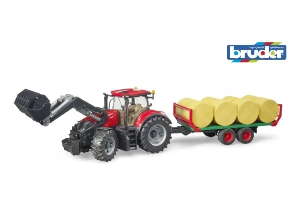 Bruder Case IH Optum 300 CVX with frontloader with bale transport trailer with 8 round bales