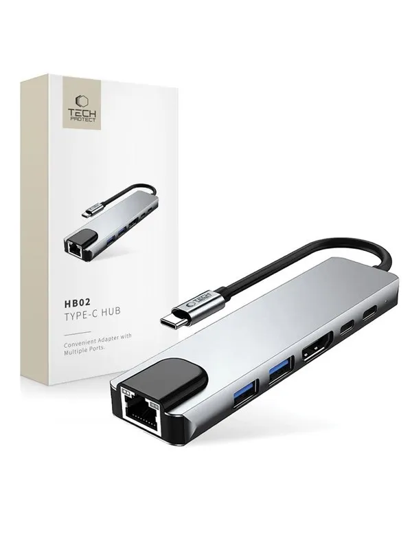 Tech-Protect HB02 HUB Adapter 6in1 USB-C + USB2.0 + USB3.0 + HDMI 4K 30Hz + RJ45 + PD100W - Grey USB-hub - USB 3.0 - 6 porter - Grå