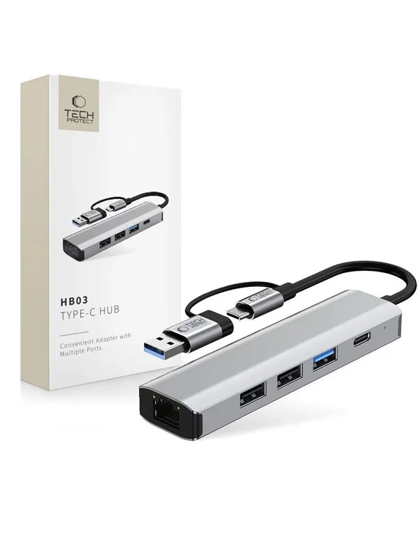 Tech-Protect HB03 HUB Adapter 5in1 USB-C + USB2.0 + USB3.0 + RJ45 - Grey USB-hub - USB 3.0 - 5 porter - Grå