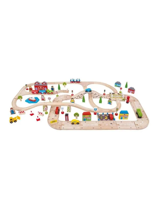 Bigjigs Wooden Train Track and Car Track Set 105dlg.