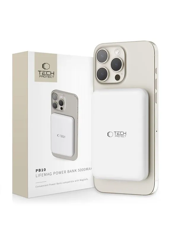 Tech-Protect LifeMag PB10 Power Bank with MagSafe 5000mAh 15W USB-C Port - White + USB-C Cable Nødlader - Hvit - 5000 mAh