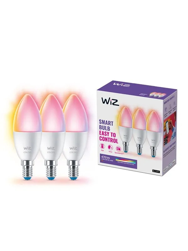 WiZ C37 E14 Smart Candle Bulb 3-pakning - RGB/16 millioner farger + Dimbar Hvit LED