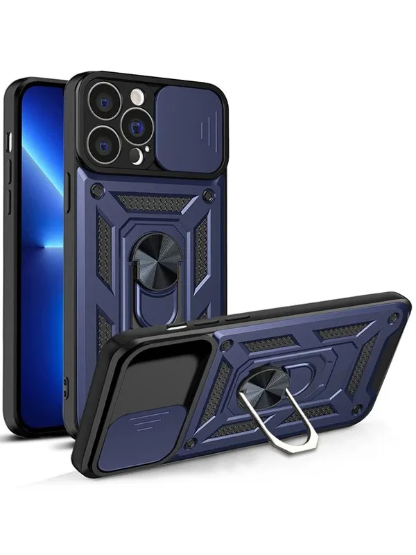 Hurtel Hybrid Armor Camshield Case for iPhone 13 Pro Max Armored Case with Camera Cover Blue