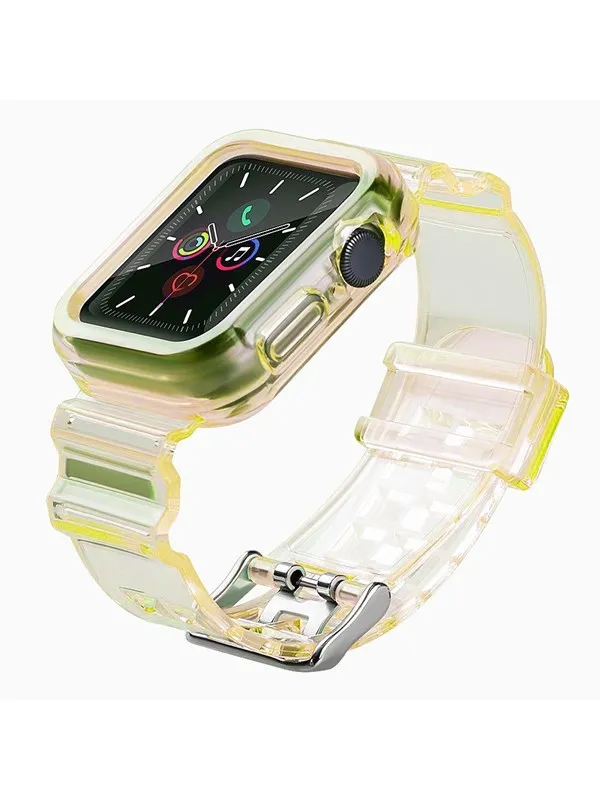 Hurtel Silicone Band Strap Bracelet Case Strap Light Set for Apple Watch 44mm - Yellow