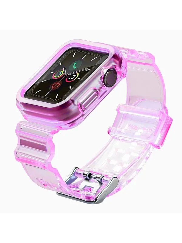 Hurtel Silicone Band Strap Bracelet Case Strap Light Set for Apple Watch 44mm - Red