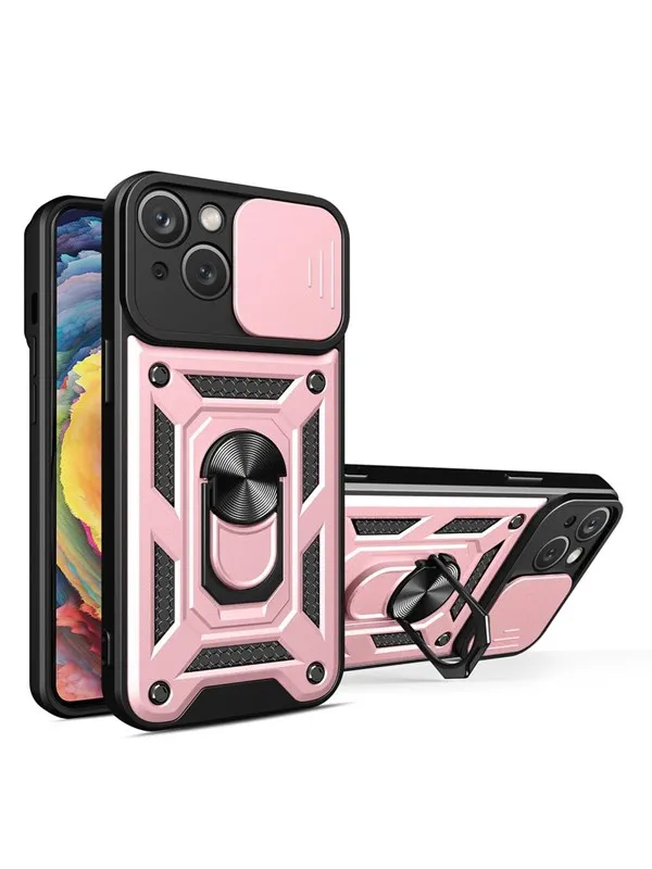 Hurtel Hybrid Armor Camshield Case for iPhone 14 Plus Armored Case with Camera Cover Pink
