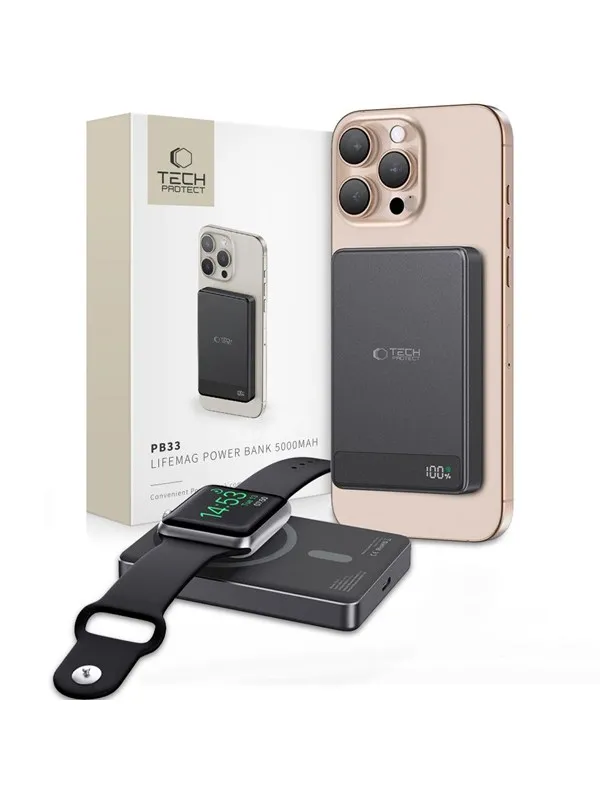 Tech-Protect Powerbank PB33 LifeMag MagSafe 5000mAH - Black Nødlader - Svart - 5000 mAh