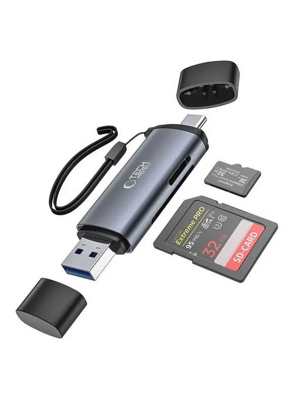Tech-Protect UltraBoost SD / micro SD card reader with USB-C / USB-A connectors - grey USB-hub - USB 3.0 - 4 porter - Grå