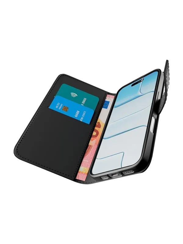 Puro Wallet Stand case for iPhone 17 made of faux-leather with a flap wallet and stand function - black