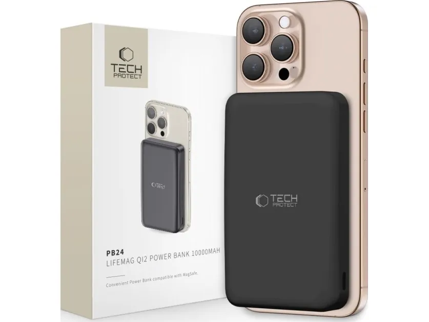 Tech-Protect Powerbank PB24 LifeMag QI2 MagSafe 10000 mAh - Black Nødlader - Svart - 10000 mAh