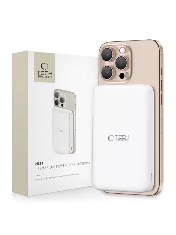 Tech-Protect Powerbank PB24 LifeMag QI2 MagSafe 10000 mAh - White Nødlader - Hvit - 10000 mAh