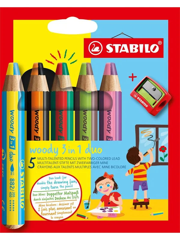 STABILO woody 3 in 1 Duo - Multitalent Coloured Pencil - Set 5 pcs. + Pencil Sharpener