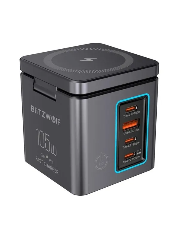 BlitzWolf BWâi113 GaN USBâA + 3xUSBâC 105W Mains Charger