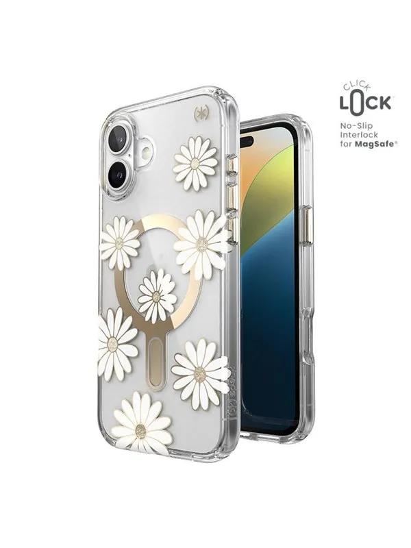 Speck Presidio Lux ClickLock & MagSafe - iPhone 16 Plus Case - Sunshine Daisies / Clear / Gold