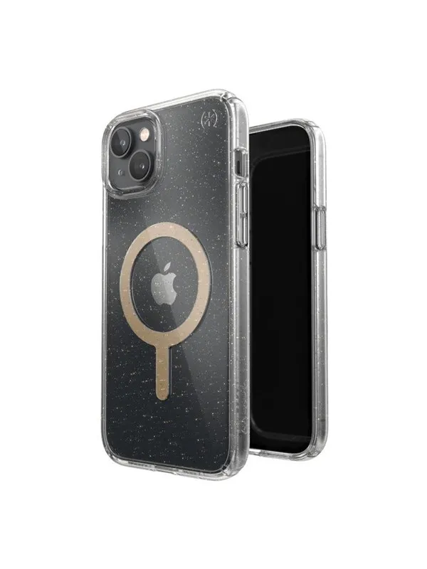 Speck Presidio Perfect-Clear with Glitter + MagSafe - iPhone 15 Plus / 14 Plus Case with MICROBAN Coating - Clear / Gold Glitter