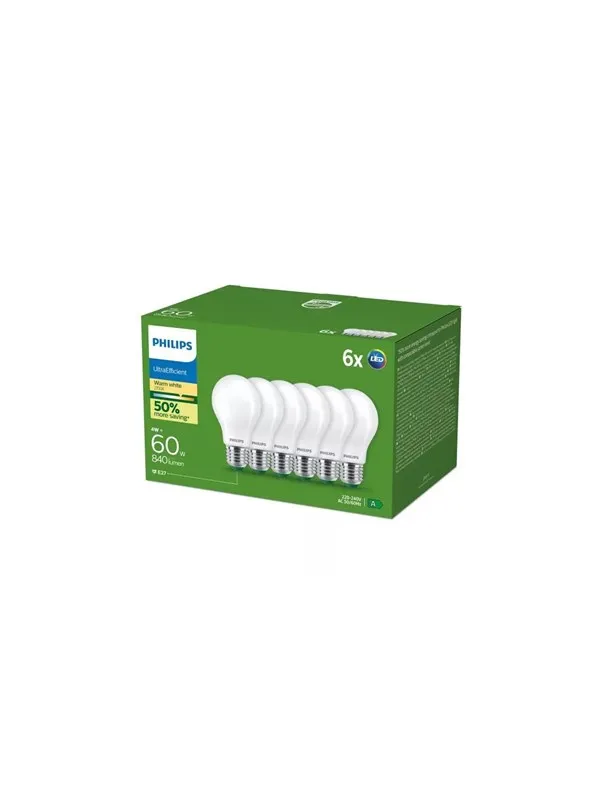 Philips LED-lyspære Ultra Efficient A60 4W/827 (60W) Frosted 6-pack E27