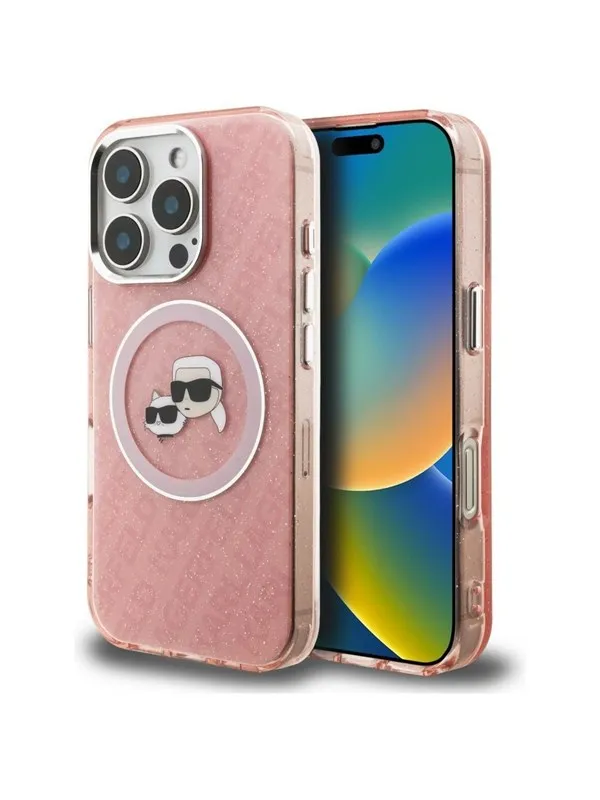 Karl Lagerfeld IML Glitter Karl & Choupette Heads Logo MagSafe Case for iPhone 16 Pro - Pink