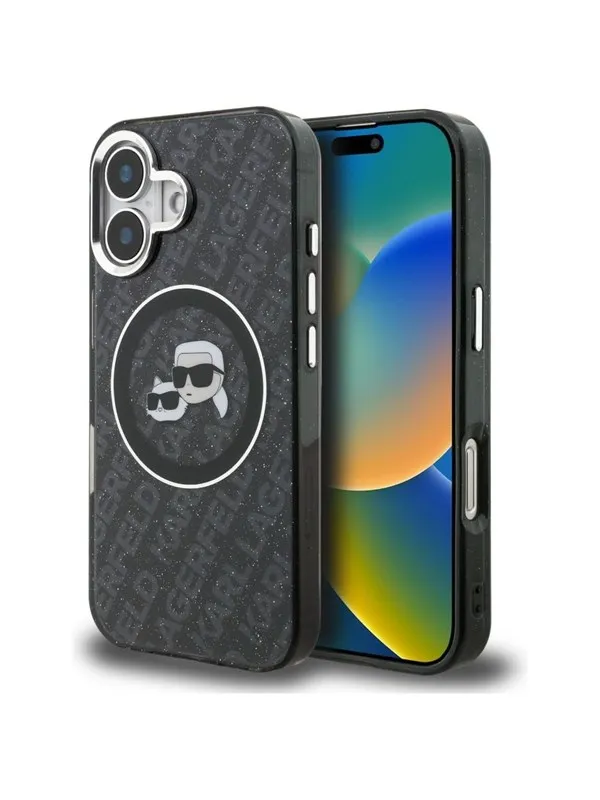 Karl Lagerfeld IML Glitter Karl & Choupette Heads Logo MagSafe Case for iPhone 16 - Black