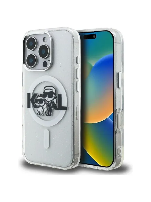 Karl Lagerfeld IML Glitter Karl & Choupette Sketch Logo MagSafe Case for iPhone 16 Pro - Clear