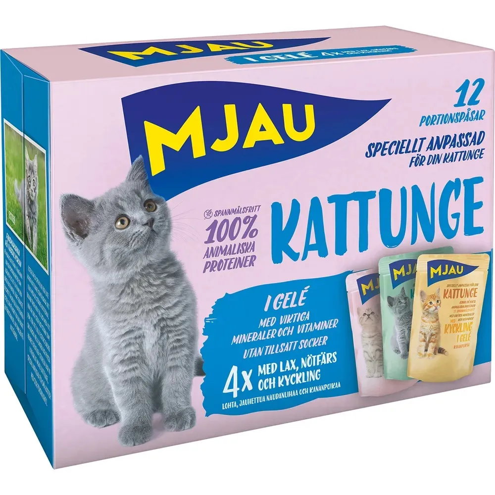 Mjau Pouch Multipack Kattunge  -  Laks, Storfe og Kylling (12 Ã 85 g)