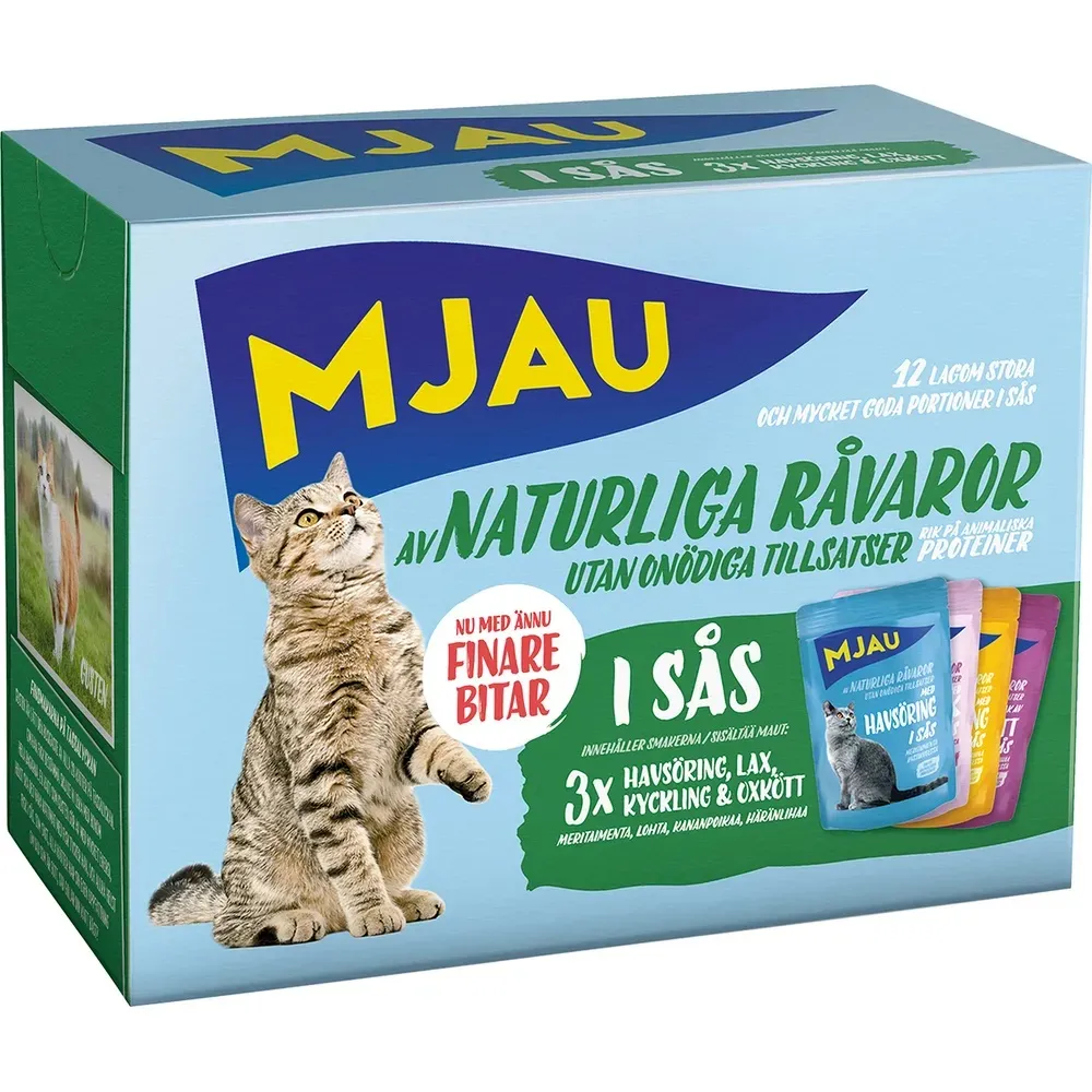 Mjau porsjonsposer multipack  -  kjøtt- og fisksmaker i saus (12 Ã 85 g)