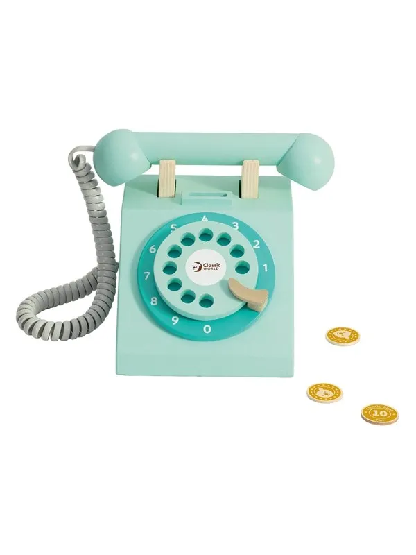 Classic World Wooden Retro Telephone Turquoise