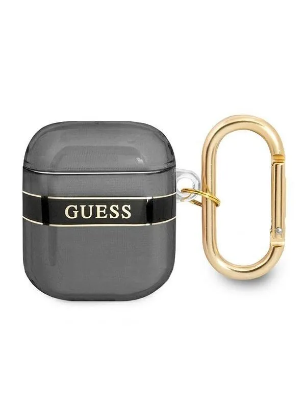 Guess AirPods 1/2 Deksel Printed Stripe & Gold Hook Svart