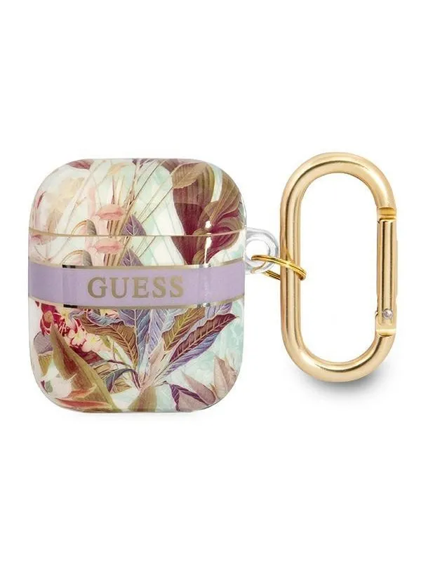 Guess AirPods 1/2 Deksel Flower Print & Gold Hook Lilla