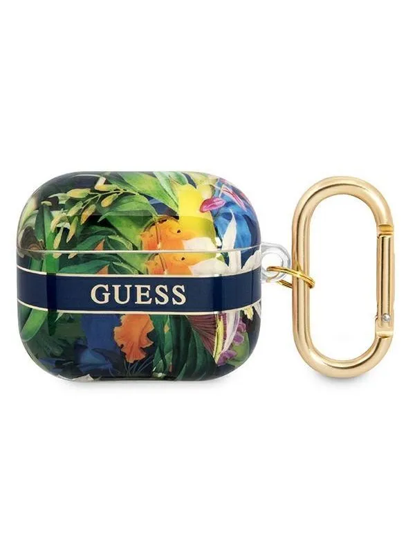 Guess AirPods 3 Deksel Flower Print & Gold Hook Blå